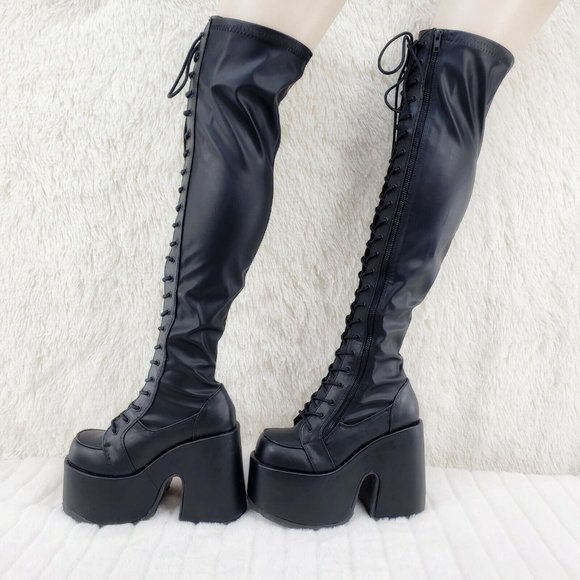 Camel Lace Up Side Zipper Platform Goth Punk Stretch Thigh Boots